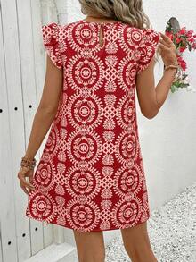 Vivid Eden 女士圆领短袖花卉蕾丝拼接A字休闲度假连衣裙 - 紅色 - 查看 2