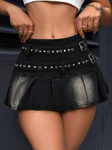 SHEIN 女士时尚休闲哥特风褶皱短款牛仔迷你裙 - 黑色 - 查看 1