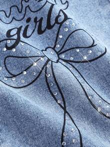 Girlism 女童闪亮水钻蝴蝶结樱桃图案宽松蓝色牛仔裤 - 淺色水洗藍 - 查看 2