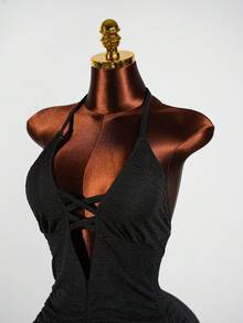 SaltGleam SaltGleam Đầm ôm sát gợi cảm hở lưng, buộc dây phía trước dành cho nữ, màu trơn tối giản, thích hợp cho kỳ nghỉ biển. - màu đen - Xem 8