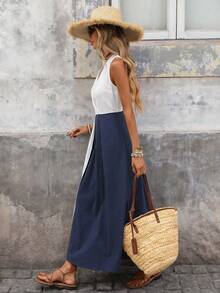 Brillora Spring & Summer Sleeveless Woven Patchwork Dress For Women - Blue and White - View 4