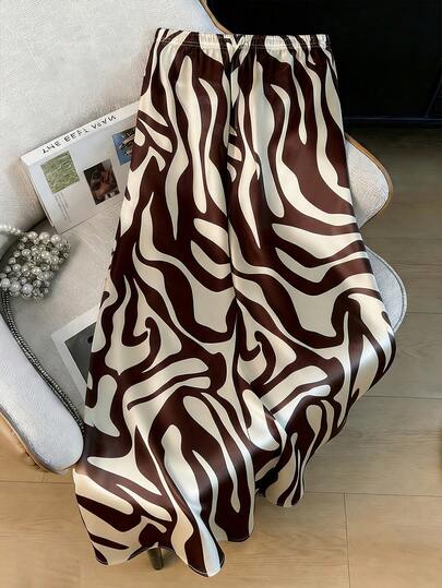 Resyla Fashionable Casual Basic High Waist Satin Fabric Zebra Print Skirt, Khaki Color