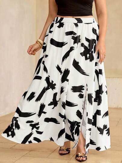 Roveilla Plus Size Women Casual Brush Print Elastic Waist Skirt