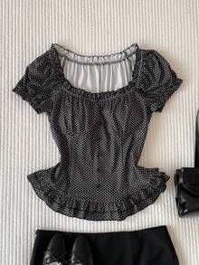 Comfortcana 女士休闲波点印花荷叶边下摆T恤，夏季 - 黑與白 - 查看 1