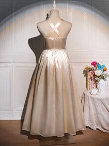 Teen Girl Solid Color Pleated Elegant Party Dress - Champagne - View 5