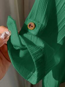 SHEIN 1件男童休闲学院风舒适亚麻立领贴袋百搭衬衫 - 墨綠色 - 查看 5