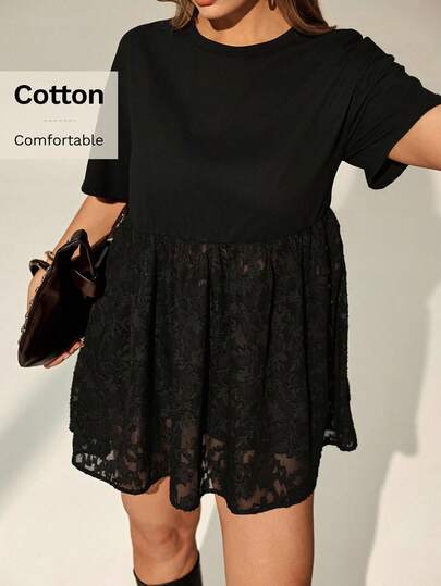 Auralis New Basic Round Neck Loose Short Sleeve T-Shirt Chiffon Sheer Jacquard Patchwork Mini Skirt Plus Size Loose Fit Pullover Top/Hollow-Out Simplified Patchwork Hem T-Shirt / Crew Neck Short-Sleeved T-Shirt / Loose Top / Elegant Black Commuting And Office Wear