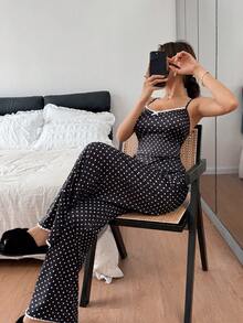 SHEIN Napfluff 舒适波点印花刺绣蕾丝蝴蝶结吊带女士睡衣套装 - 黑色 - 查看 5