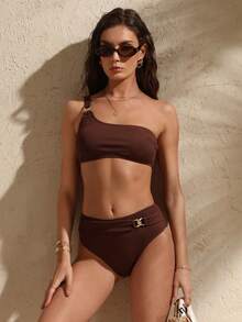 Swim Chiccia Bộ đồ bơi nữ màu trơn, chất liệu vải có họa tiết, thiết kế bất đối xứng vai, điểm nhấn kim loại, gợi cảm, thích hợp cho bãi biển và kỳ nghỉ. - màu nâu - Xem 5