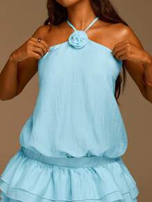 Athîral Solid Halter Neck Ruffle Hem Dress - Baby Blue - View 6