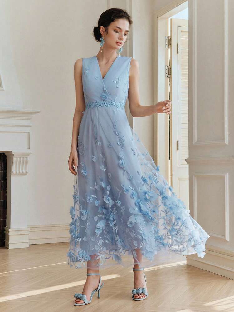 Romantic Vacation & Valentine's Day V-Neck Sleeveless Vine Embroidered Voluminous A-Line Dress For Women Blue Blue Flower Dress Floral Embroidered Dress Organza Dress Baby Blue Elegant Dress Flower Embellishment Dress