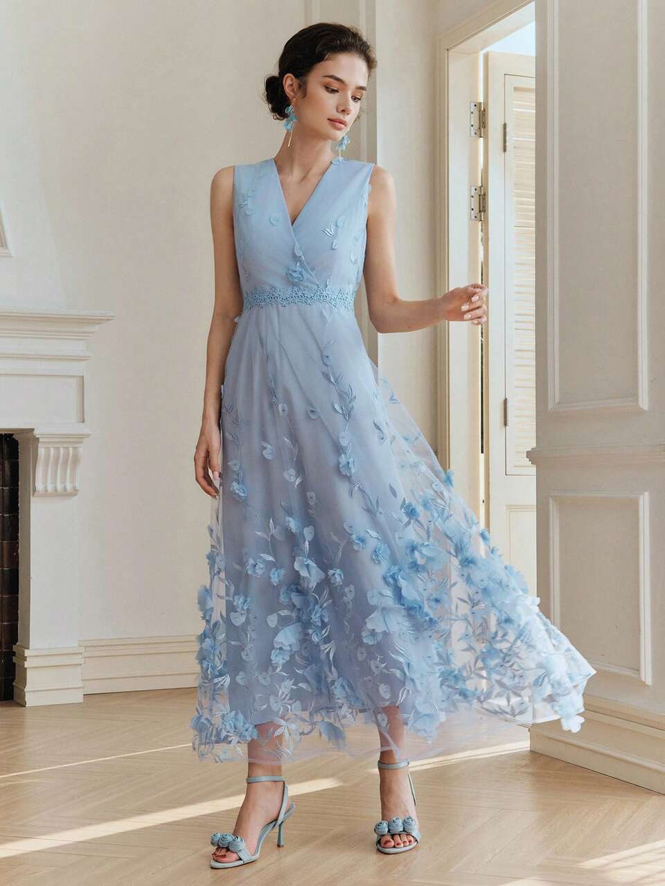Anewsta Vestido de organza azul claro con estampado floral, de verano, elegante, para invitada de boda y Día de San Valentín, con cuello en V, sin mangas, bordado de enredadera, con volumen y corte en A, para mujer, azul