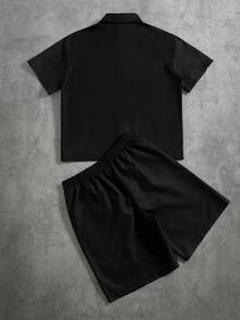 PAVTROS Men's Summer Casual Contrast Trim Shirt And Shorts Set - Black - View 2
