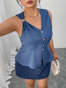 SHEIN Elenzya Minifalda de mezclilla sexy de cintura alta con bolsillos para mujer de talla grande - Azul - Ver 9