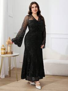 Modelyn Plus Size Women V-Neck Long Sleeve Ruched Elegant Lace Dress - Black - View 6