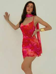 Aloruh 新款浪漫系领紧身高开衩不对称下摆扎染碎花迷你连衣裙，适合约会、度假、春夏穿着 - 彩色 - 查看 7