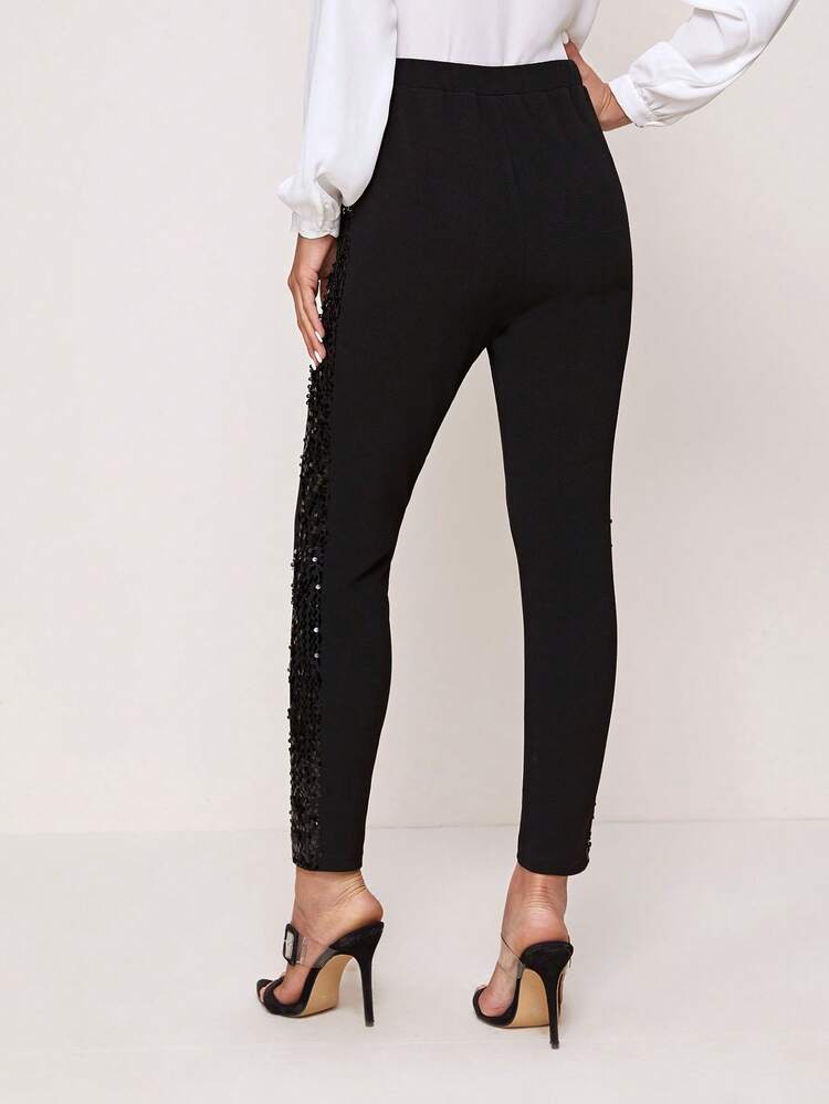 Black Sequin Panel Cropped Skinny Pants