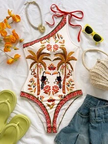 Soleia 新款女士度假针织印花不对称肩部蝴蝶结连体衣 - 彩色 - 查看 6