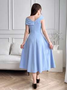 SHEIN Teen Girls' Light Blue Cross V-Neck Waist Gathered A-Line Long Party Dress, Formal Gown - Baby Blue - View 2