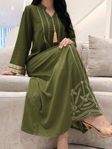 Al Najma Damen V-Ausschnitt Raglanärmel Fransen Saum Vintage Türkisches Maxikleid - Grün - Übersicht 2