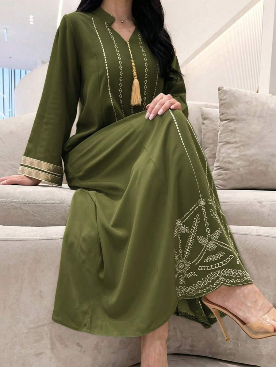 Al Najma Damen V-Ausschnitt Raglanärmel Fransen Saum Vintage Türkisches Maxikleid
