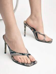 Mnmlis Women's Toe Post Fashion Daily Wear Cow Leather High Heel Sandals - apricot snake pattern - View 2