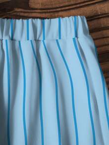 SpongeBob SquarePants | SHEIN 男童夏季休闲条纹卡通印花T恤和短裤套装 - 白色 - 查看 4