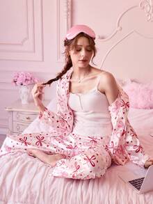 蝴蝶结爱心图案长袖睡衣套装 - 长袖纽扣领上衣和长裤，柔软缎面睡衣，可机洗，可外穿 - 粉色 - 查看 10