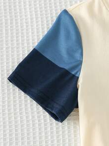 Cozy Pixies 2件套男童撞色针织标签圆领短袖上衣和松紧腰短裤 - 杏色 - 查看 6