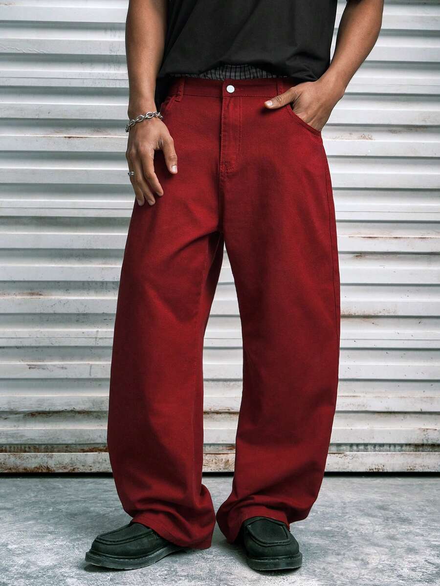 Modcrash 1件 Infinite Jeans 男士休闲直筒牛仔裤，高品质品牌舒适裤装，适合外出穿着（不含腰带和配饰），复古美式，男女皆宜，宽松版型夏季服装——适合日常穿着和夏季度假穿着。 - 酒紅色 - 查看 1