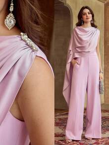 ZEYLAH Women's Solid Color Pleated Shawl Design Casual Jumpsuit For Travel & Vacation, Spring/Summer - Mauve Purple - View 2