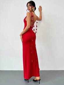 Women's Red Knitted Fabric Maxi Dress With Cowl Neck Sleeveless Fitted Style - Red - View 8