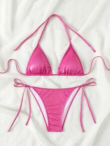 Swim Mod 2026春夏吊带金属色露背系带高衩丁字裤比基尼套装，性感女士泳装，适合游艇派对 - 玫紅色 - 查看 5