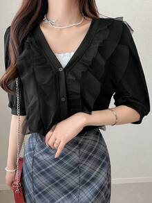 FRIFUL Women's V-Neck Multi-Layer Mesh Ruffle Trim Sweet Short Sleeve Cardigan T-Shirt - Black - View 4