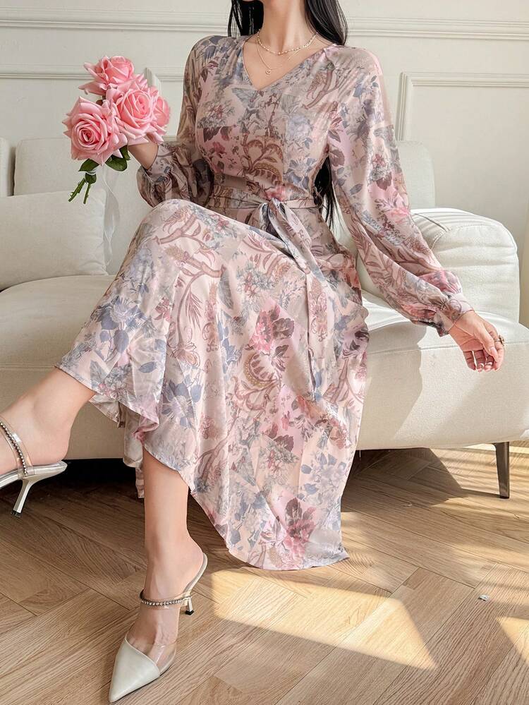 Women's Floral Print V-Neck Elegant Long Sleeve Dress,Valentine Outfits For Women Sundress