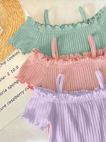 SHEIN LMoss Kids 3件組新生女嬰休閒可愛簡約純色露肩短袖連身衣 - 彩色 - 查看 4