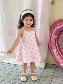 SHEIN LMoss Kids 女婴休闲可爱夏季粉色条纹蝴蝶结吊带连衣裙 - 粉色 - 查看 2