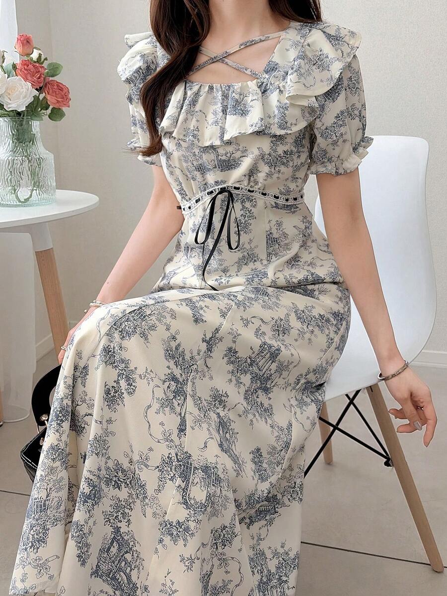 FRIFUL Women's Spring/Summer Ditsy Floral Waist Tie Bow Knot Ruffle Hem Maxi Dress, Casual Fitted Versatile Long Dress - Blue - View 1