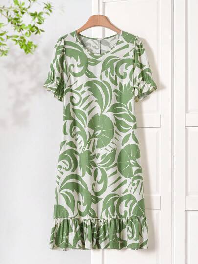 Rusticease Women's All-Over Print Round Neck Casual Short Sleeve Mid-Length Dress