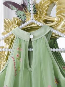 SHEIN Elladie kids 甜美梦幻的少女连衣裙，3D立体花卉网纱蓝色吊带连衣裙，优雅独特，适合派对、外出和日常穿着。 - 綠色 - 查看 4