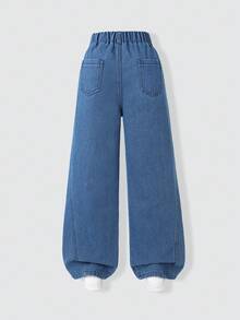 Girls' Wide Leg Jeans, All-Match Minimalist Versatile Elastic Waist Loose Fit, Comfortable All-Season Staple Item - Dark Wash - View 2