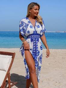 Swim Lushoire 畅销沙滩度假休闲印花短袖深V领侧开衩罩衫 - 彩色 - 查看 4