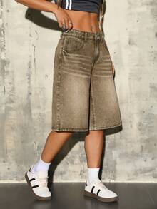 SHEIN ICON Quần short denim nữ kiểu dáng thường ngày, có túi và cúc. - màu nâu - Xem 6