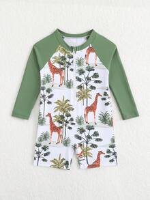 Maillot de bain bébé à fermeture éclair, imprimé requin et vie marine. Un indispensable pour les vacances d'été à la plage. Manches longues, bleu contrastant, adorable motif requin et vie marine. Couleurs vives et éclatantes. Parfait pour les petits garçons qui aiment jouer et se détendre à la plage. - Vert - Voir 5