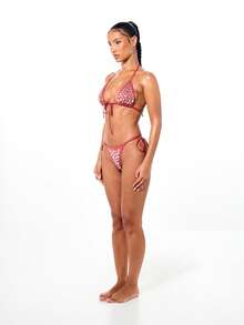 SUMWON WOMEN Women's Triangle Bikini Set With Silver Stud Detail Front Tie Halter Top And Matching String Bottom Summer Beach Swimwear - Red - View 5