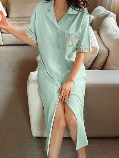 DAZY Floral Pattern Shirt Style Short Sleeve Maxi Nightgown Dress, Women Sleepwear