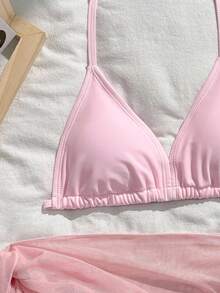 SHEIN 3pcs/Set Girls Black Swimwear Set, Beach Holiday Party Dress, Spring/Summer Three Piece Swimsuit Set 3 Piece Bathing Suit Teen Girl Teen Bikini 3 Piece Set Bathing Suit Set Bikini Set With Cover Up - Pink - View 4