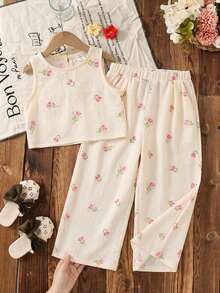 SHEIN 2件套 女童碎花无袖背心和宽松休闲裤套装 - 粉色 - 查看 5