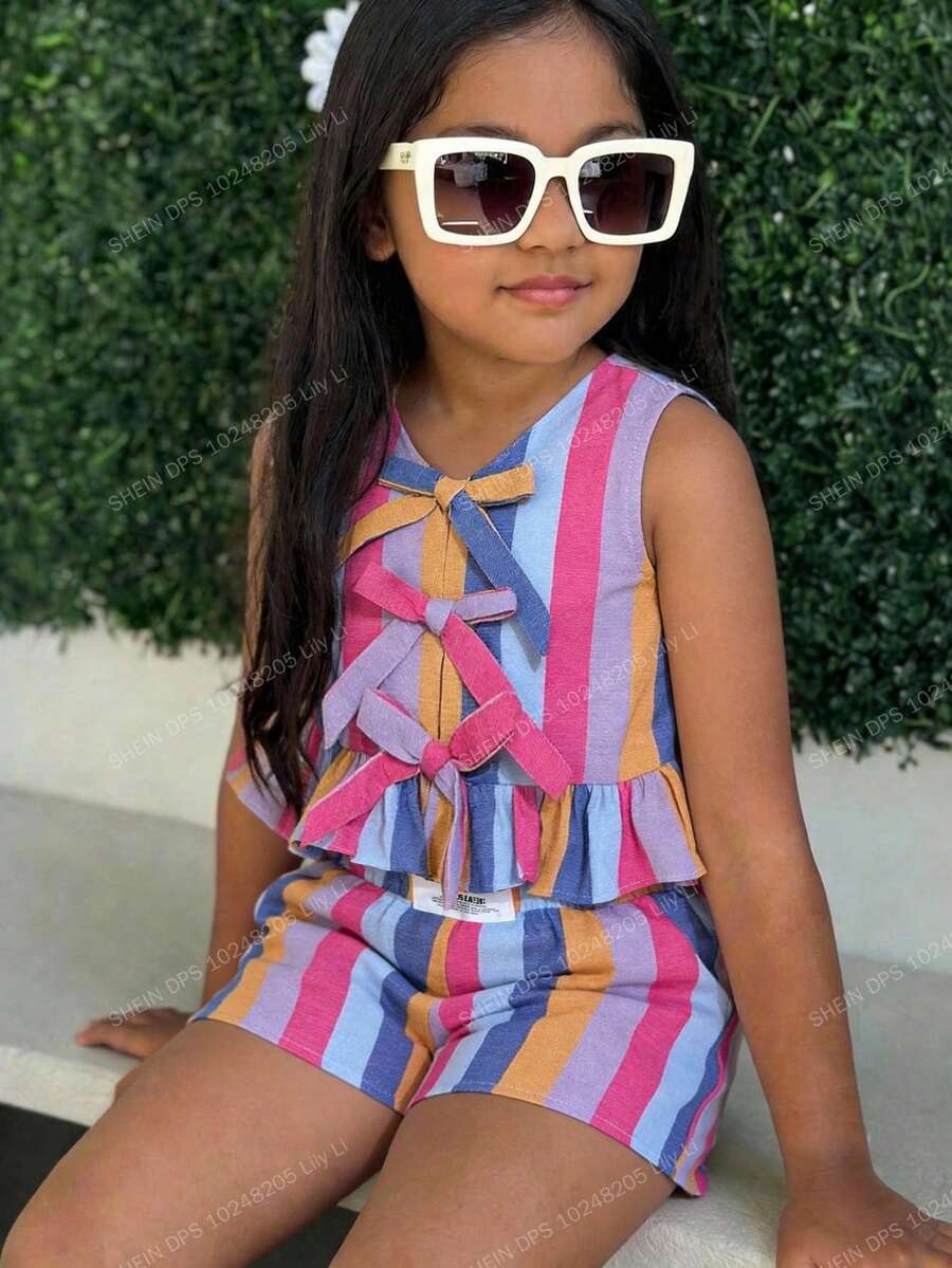 2pcs/Set Young Girls' Rainbow Striped Camisole Set, Casual, Fashionable, Versatile, Suitable For Party, Outing, Sister Photo Shoot, Park, Camping, Vacation, Daily Leisure - Multicolor - View 1