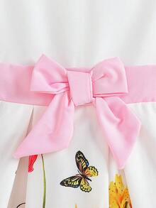 SHEIN 1 pieza Nuevo vestido mini de línea A sin mangas con cintura recogida, estampado floral acuarela, elegante y lindo, para niñas bebé, apropiado para salidas diarias, picnics, tardes de té, fiestas, cumpleaños, vacaciones, reuniones, viajes, sesiones de fotos, etc. - Blanco - Ver 5